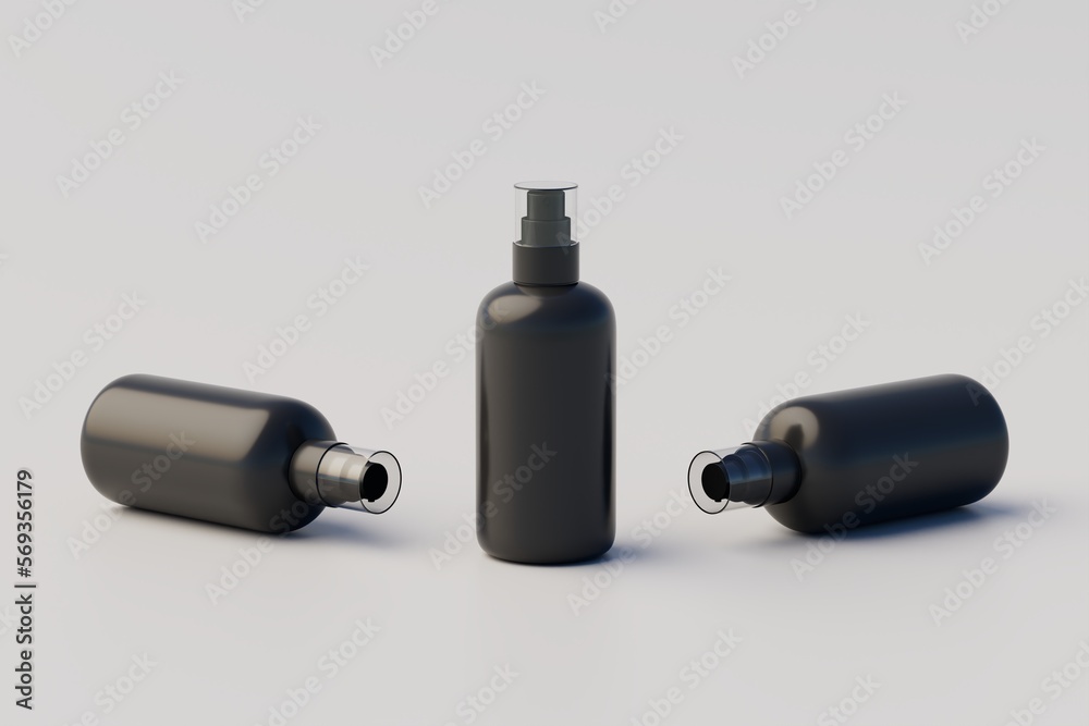 Black Plastic Spray Multiple Bottle Mockup. 3D Illustration Black Plastic Spray Multiple Bottle Mockup. 3D Illustration