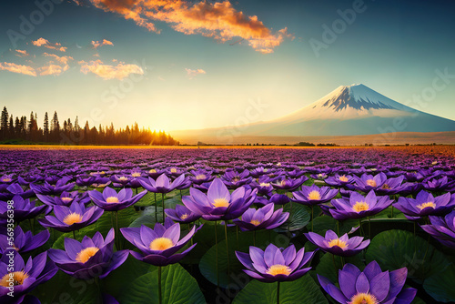 Mount Fuji Looking Over a Sea of Radiant Purple Lotus Flowers Generative AI Photo 