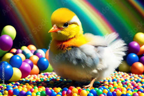 A Small Chick Standing on Colorful Eggs Surrounded by Rainbows Generative AI Easter Photo © Lila Patel