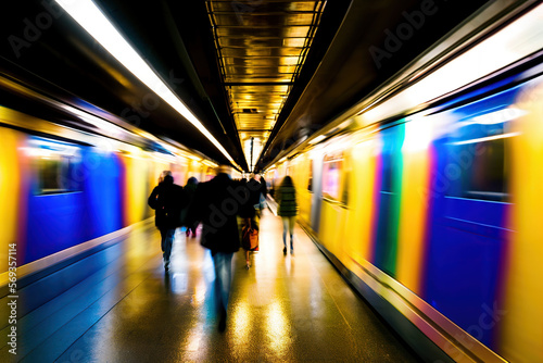 Blurred Scene of Underground Subway Time-Lapse Generative AI Photo