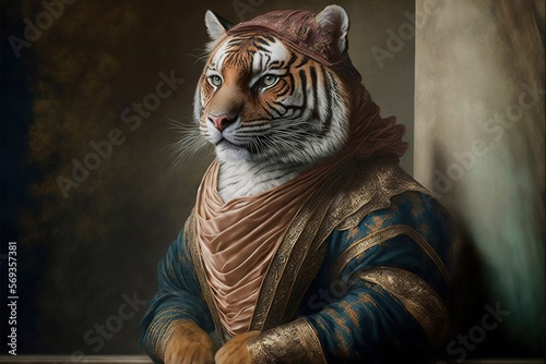 Created with Generative AI technology. portrait of a tiger in renaissance clothing photo