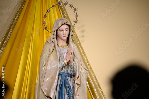 Statue of the Virgin Mary, the Queen of Peace, in the St James church during the Easter period in Medjugorje, Bosnia and Herzegovina. 2022/04/22.