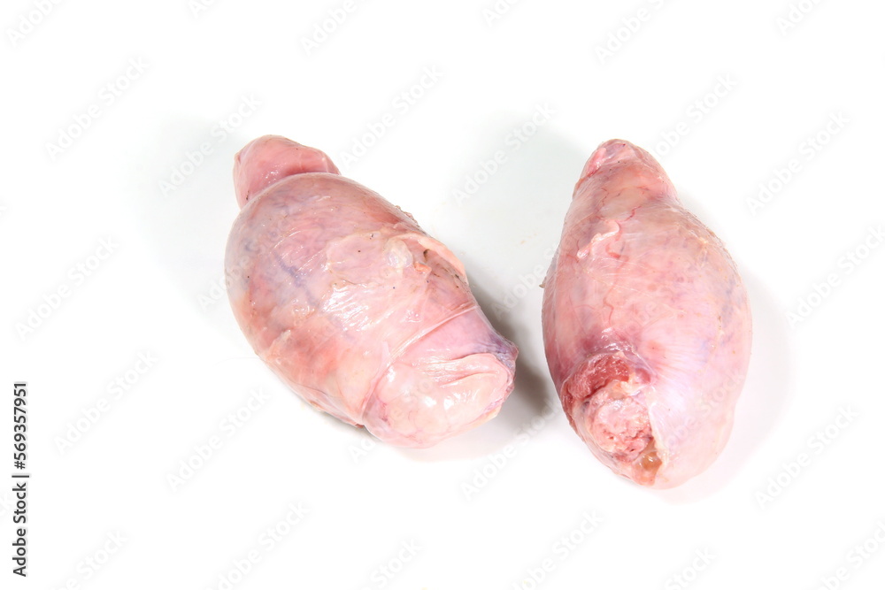 Raw lamb testicles on white background