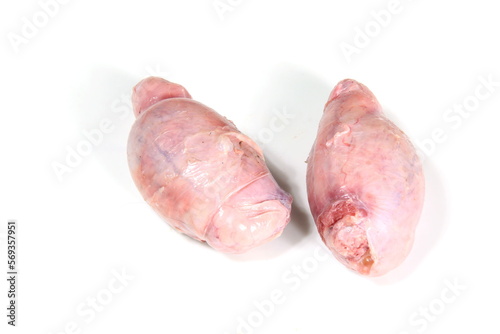 Raw lamb testicles on white background