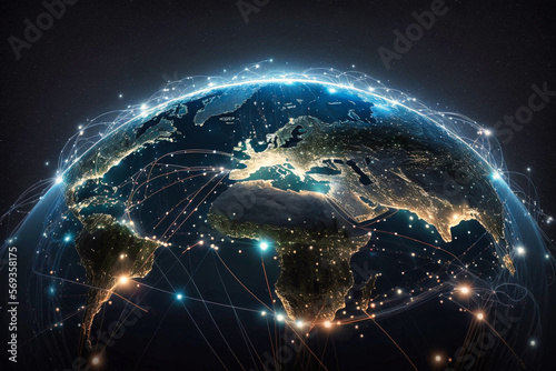Planet Earth, city lights and worldwide network growing data, glowing connections, lights - created with AI