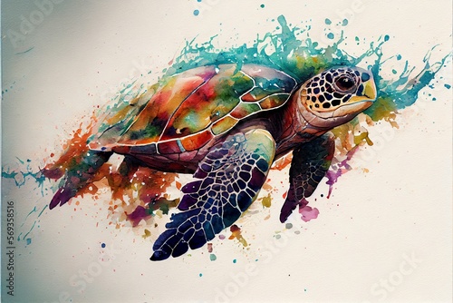 illustration of multicolored sea turtle swimming amidst stains of watercolor paint, format 3:2, generative AI photo