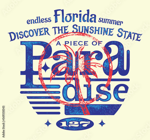 Retro Souvenir Style T-Shirt and Poster Design with Grunge Palm Illustration and Florida Slogan Print