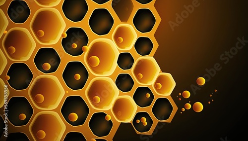 Bee cell honeycomb banner with bubbles, generative ai yellow and brown illustration