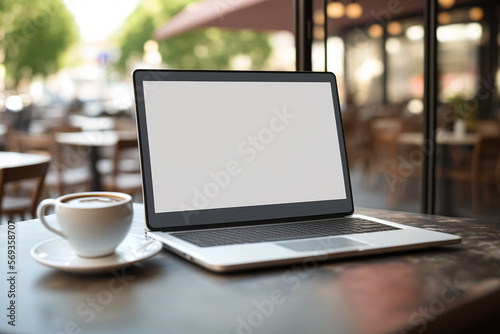 Laptop showing blank empty white mockup screen in coffee shop restaurant. Generative AI