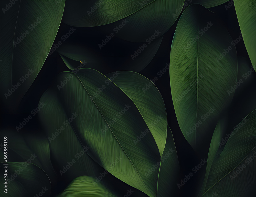 Obraz premium dark green leaves on dark background - generative aI
