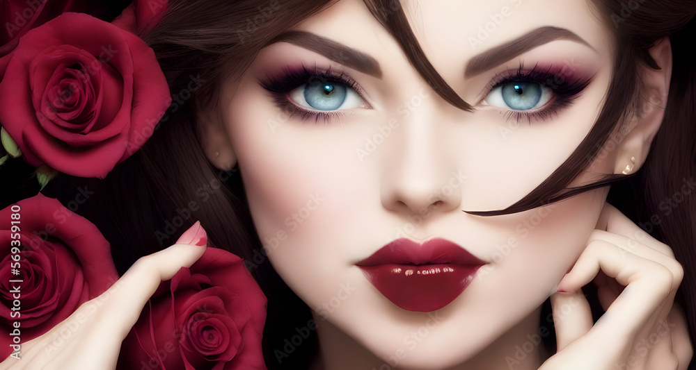 A stunning female face with flowing hair and delicate features. Her eyes are a deep, captivating shade and are surrounded by delicate roses. The roses add a touch of natural beauty. A stunning female face with flowing hair and delicate features. Her eyes are a deep, captivating shade and are surrounded by delicate roses. The roses add a touch of natural beauty.