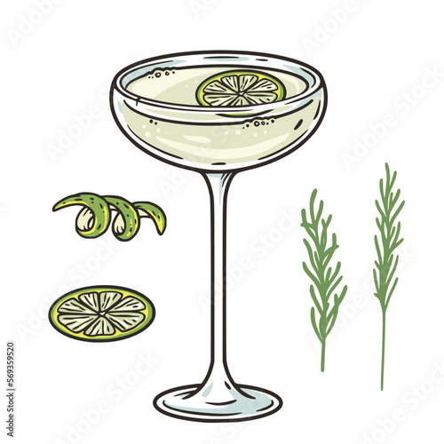 Daiquiri cocktail with lime and razmarin for design menu of beash bar. Luxury alcochol cocktail with rum for summer party