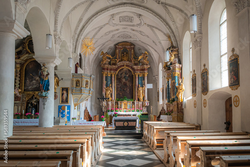 Pfarrkirche Moos in Passeier interior  Church of Moso in Passiria  a little alpine church in a village in near Meran in South Tyrol  S  dtirol  Trentino Alto Adige  Italy