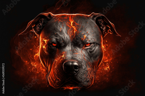 Portrait of a pitbull head and fire background