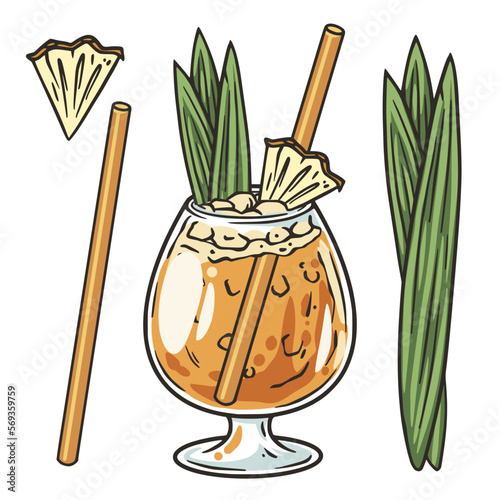 Mai Tai cocktail with slice of pineapple for design of bar menu. Hawaiian alcochol exotic cocktail with rum and leaf pineapple for beash party