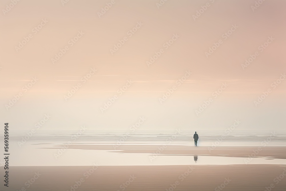 Dreamlike Soft Colors Peaceful Beach With Tranquil Waves. Lone Figure Standin on Shore. Generative AI.