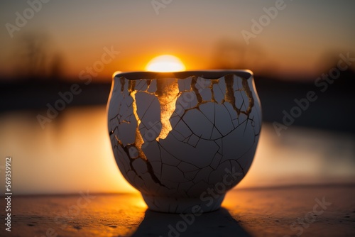 Kintsugi Pottery Vase in the Sunset. Generative AI.