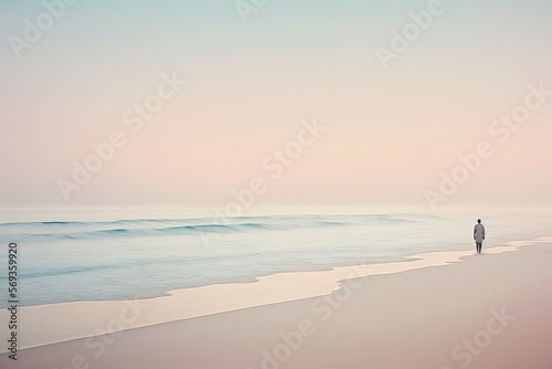 Dreamlike Soft Colors Peaceful Beach With Tranquil Waves. Lone Figure Standin on Shore. Generative AI. photo