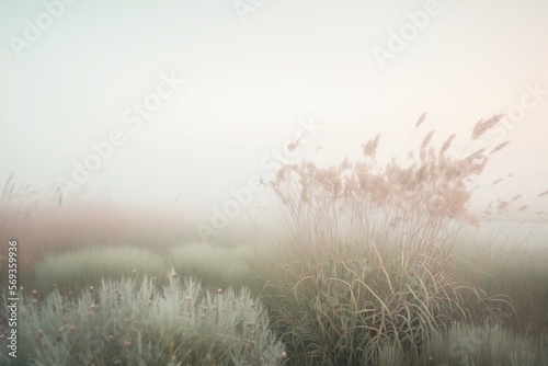 A Field of Tall Grass in the Fog. Soft Muted Pastel Hues Colors. Generative AI.