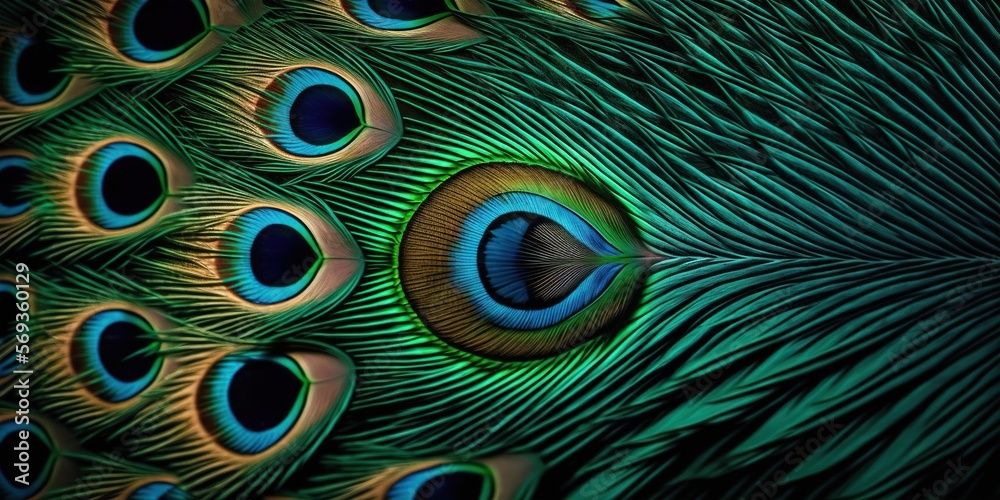 Obraz premium Macro Closeup Peacock Feather Pattern Abstract Background. Generative AI. 