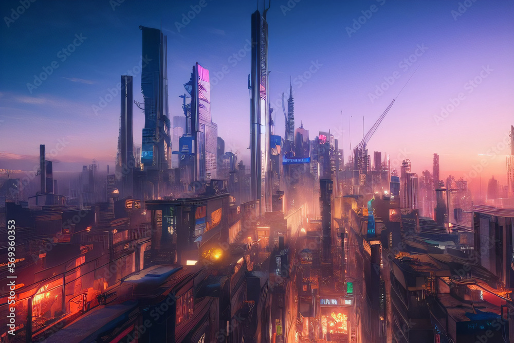 Beauifully Painted Cyberpunk City Tall Skyscrapers Blue Sky Red Lights Background Wallpaper Generative AI illustration