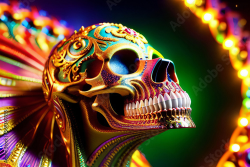 Beautiful Colorful Ornate Skull Covered in High Detailed Gold Filigree Background Wallpaper Generative AI illustration