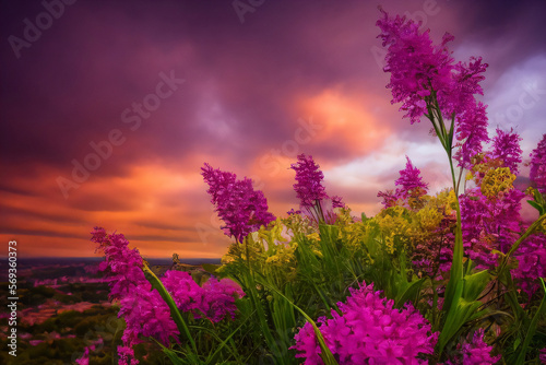 Beautiful Purple Flowers in a Field Under a Colorful Dawn Cloudy Sky Backgground Wallpaper Generative AI Illustration