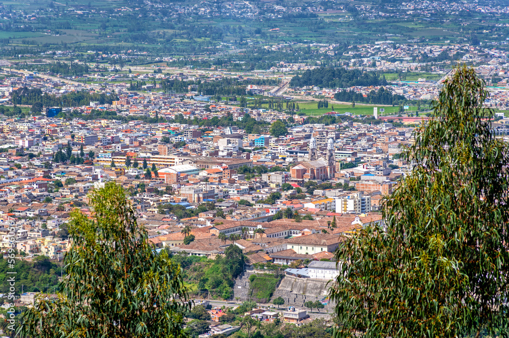 High view of a portion of the city of Ibarra, on a beautiful sunny morning. Ibarra, Imbabura province, Ecuador.