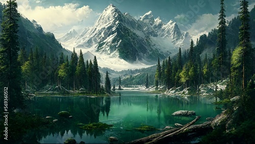 Green forest with a lake and snow-capped mountains