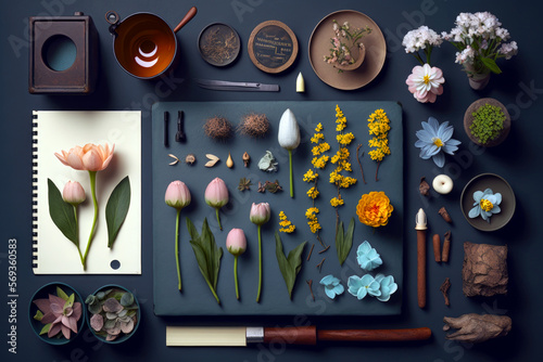 Spring flowers and leaves knolling set, Generative AI photo
