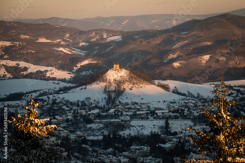 Calvary in historical mining town Banska Stiavnica at sunset, UNESCO site, Slovakia photo