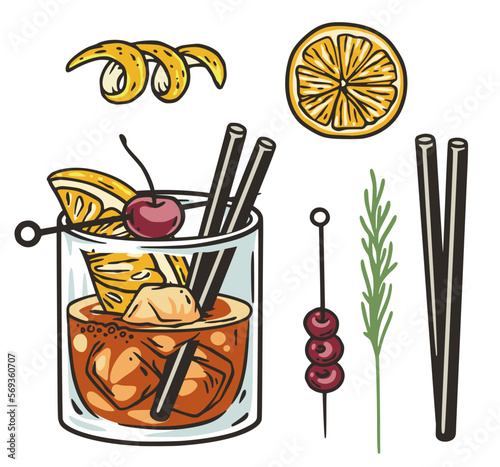 Old fashioned cocktail with ice, orange and cherry for design of bar menu. American alcochol cocktail with whisky and bourbon for drink party