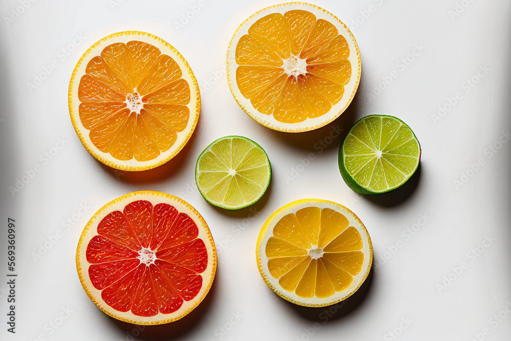 Flat lay photo of citrus, white background, Generative AI Flat lay photo of citrus, white background, Generative AI