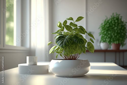 Green plant in a white vase, Generative AI