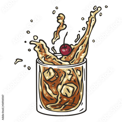 Old fashioned cocktail with ice, cherry and splash for design of bar menu. American alcochol cocktail with whisky and bourbon for drink party