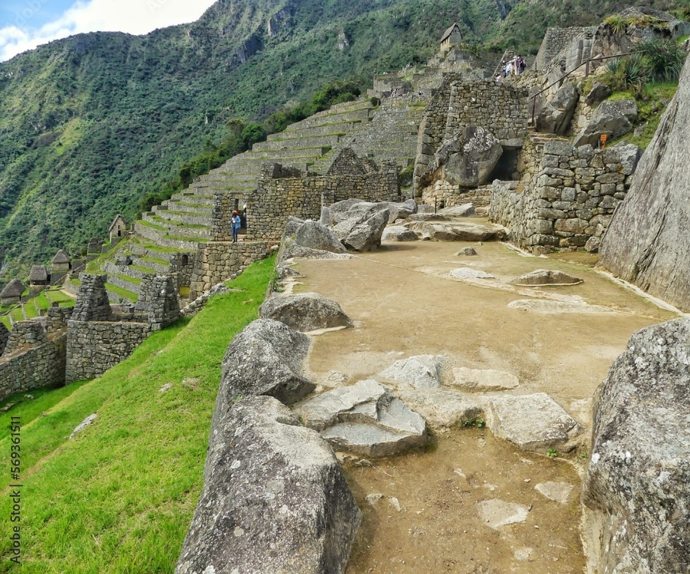 Terraces of the Inca empire located in the wonder of the world Machu Picchu, Cusco - Peru.