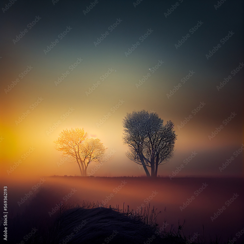 Fototapeta premium Beautiful nature landscape at sunset or sunrise, Generative AI