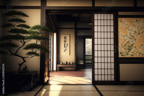 Interior design was created exclusively in Japanese style, with modern living and eating areas, a wood floor, tatami mats, and a traditional japanese door. Generative AI