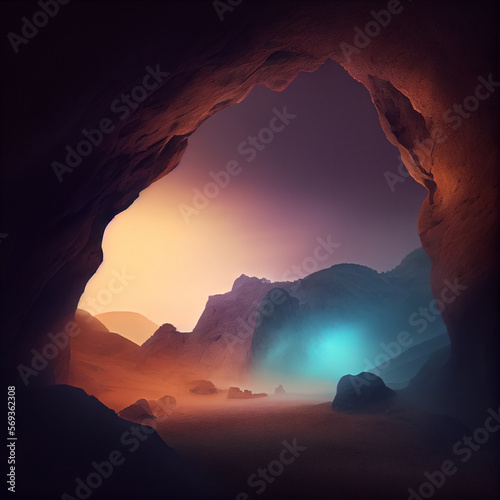 Mysterious dark cave landscape at sunset or sunrise, Generative AI