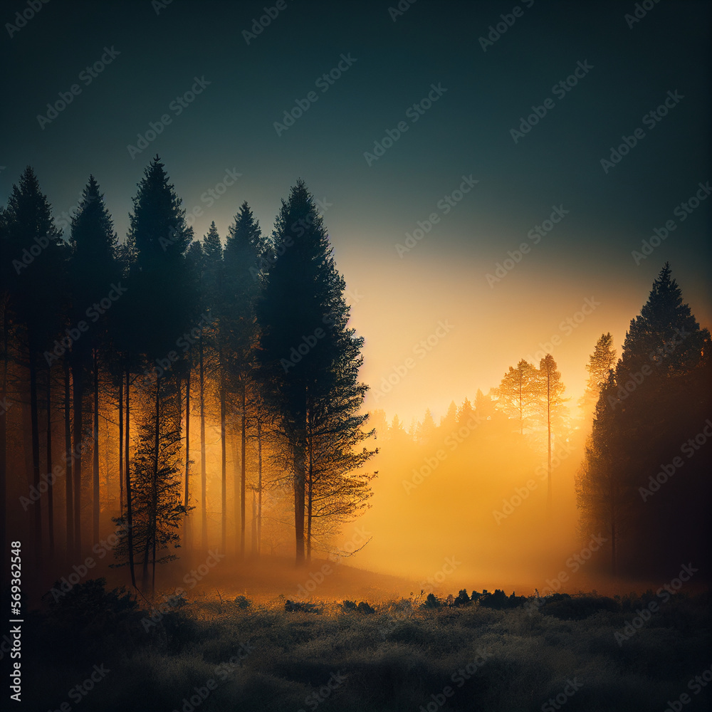 Beautiful misty forest nature landscape at sunset or sunrise, Generative AI