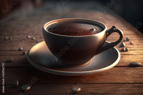 Cup of coffee  brown cup and brown wood background. Generative AI. 