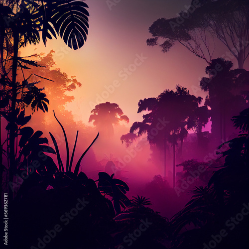 Beautiful misty jungle forest landscape at sunset or sunrise  Generative AI