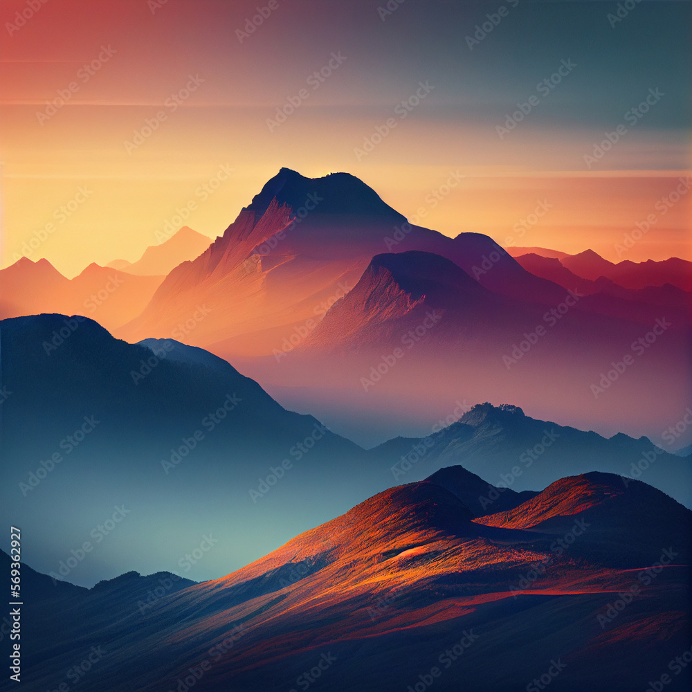 Foggy mountain nature landscape at sunset or sunrise, Generative AI