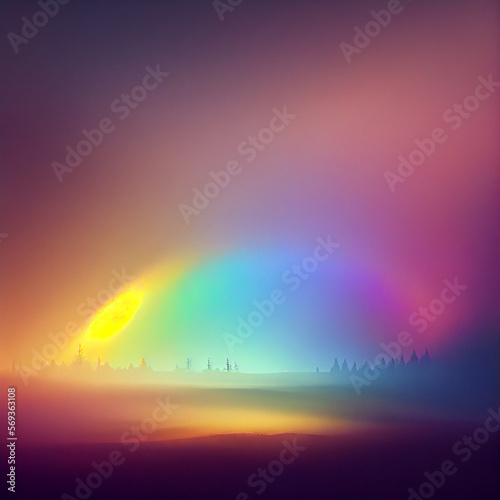 Fantasy rainbow landscape, beautiful minimalist rainbow in sky illustration. Generative AI © Alguien