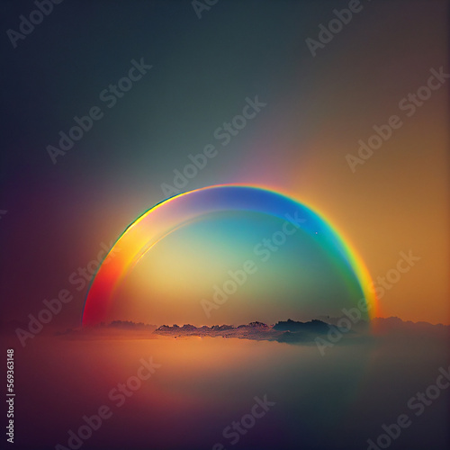 Fantasy rainbow landscape, beautiful minimalist rainbow in sky illustration. Generative AI