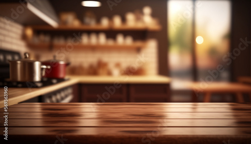 Brown wooden table top and blurred red kitchen background from interior building - ready for display or montage your products Generative AI
