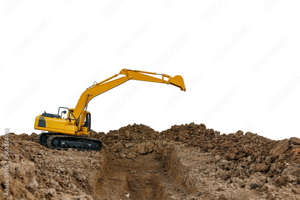 Crawler Excavator is digging soil in the construction site with bucket lift up on isolated white background. Crawler Excavator is digging soil in the construction site with bucket lift up on isolated white background.
