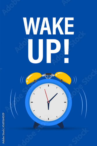 Wake up time badge. Alarm clock with banner Wake up. Morning time. Ringing alarm clock. Isolated vector illustration.