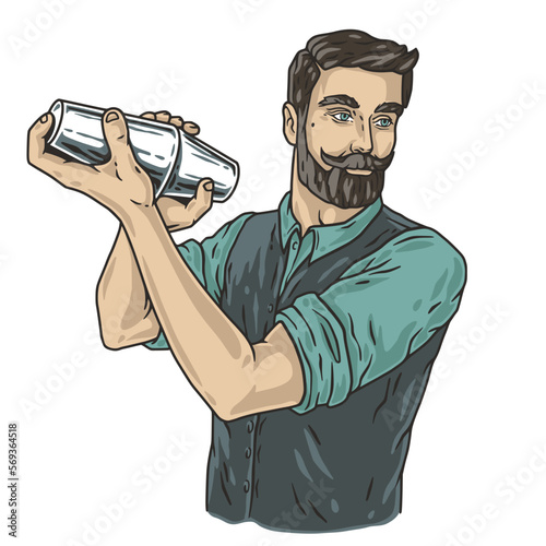 Barman with shaker for bartending. Barkeepr or bartender with beard and mustache for cocktail bar.