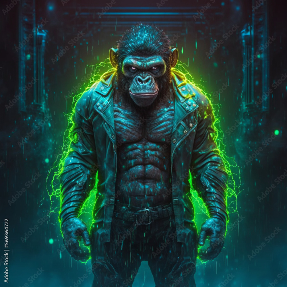Monkey Chimpanzee angry, neon lights, futuristic,in the night city Monkey Chimpanzee angry, neon lights, futuristic,in the night city